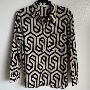 Zara Cream Black Geometric Long Sleeve Button Down Blouse, Small